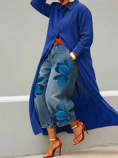 Analie - Linen Shirt Dress and Floral Jeans Set