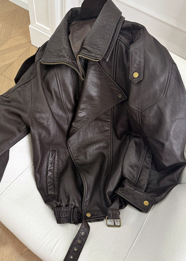 Sarah | Women belted oversized Leather Bomber jacket