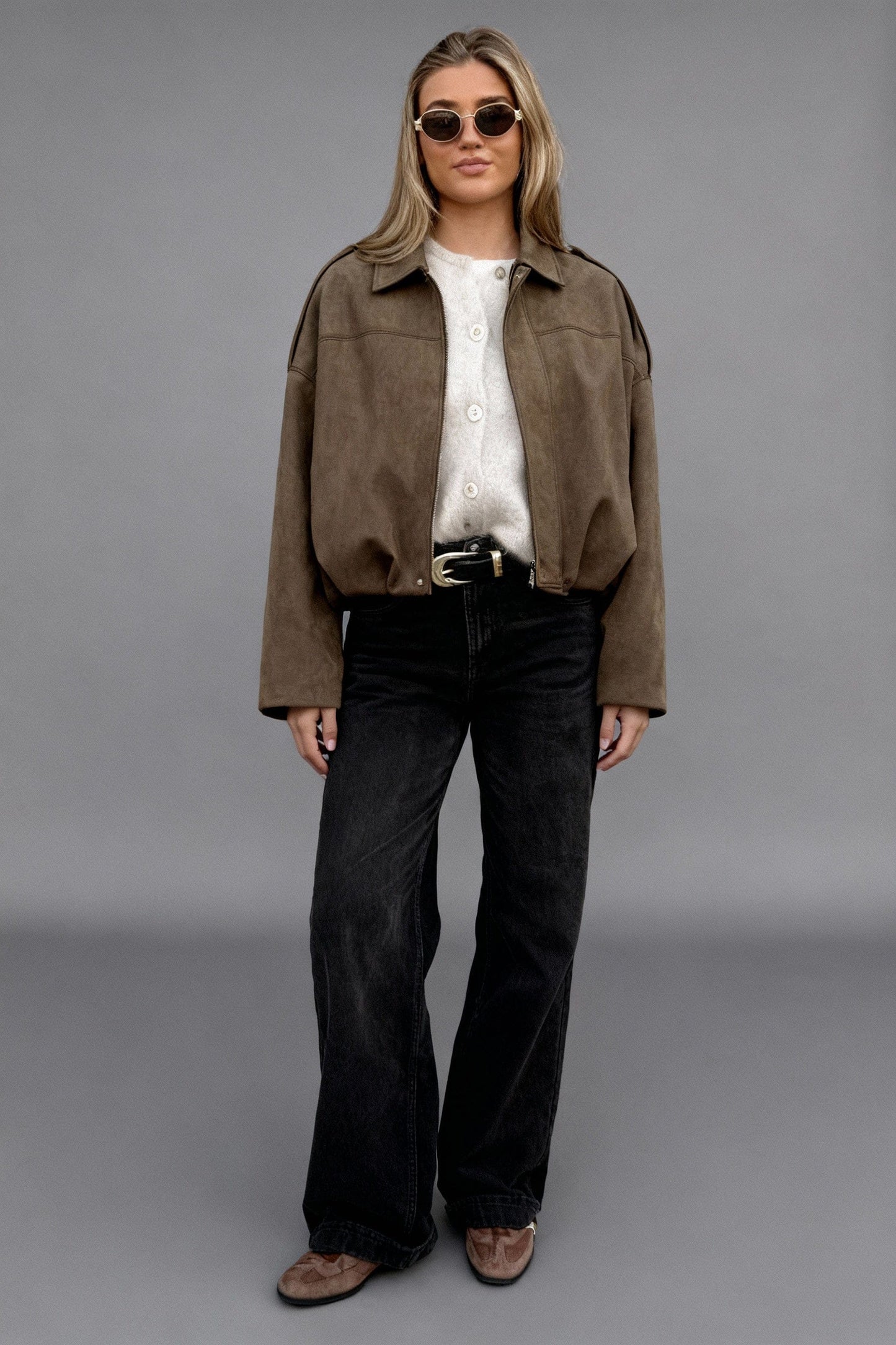 Jen - Faux Suede Batwing Sleeve Bomber Jacket