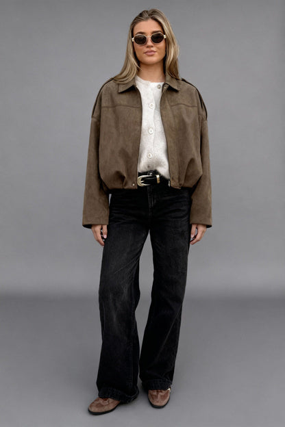 Jen - Faux Suede Batwing Sleeve Bomber Jacket