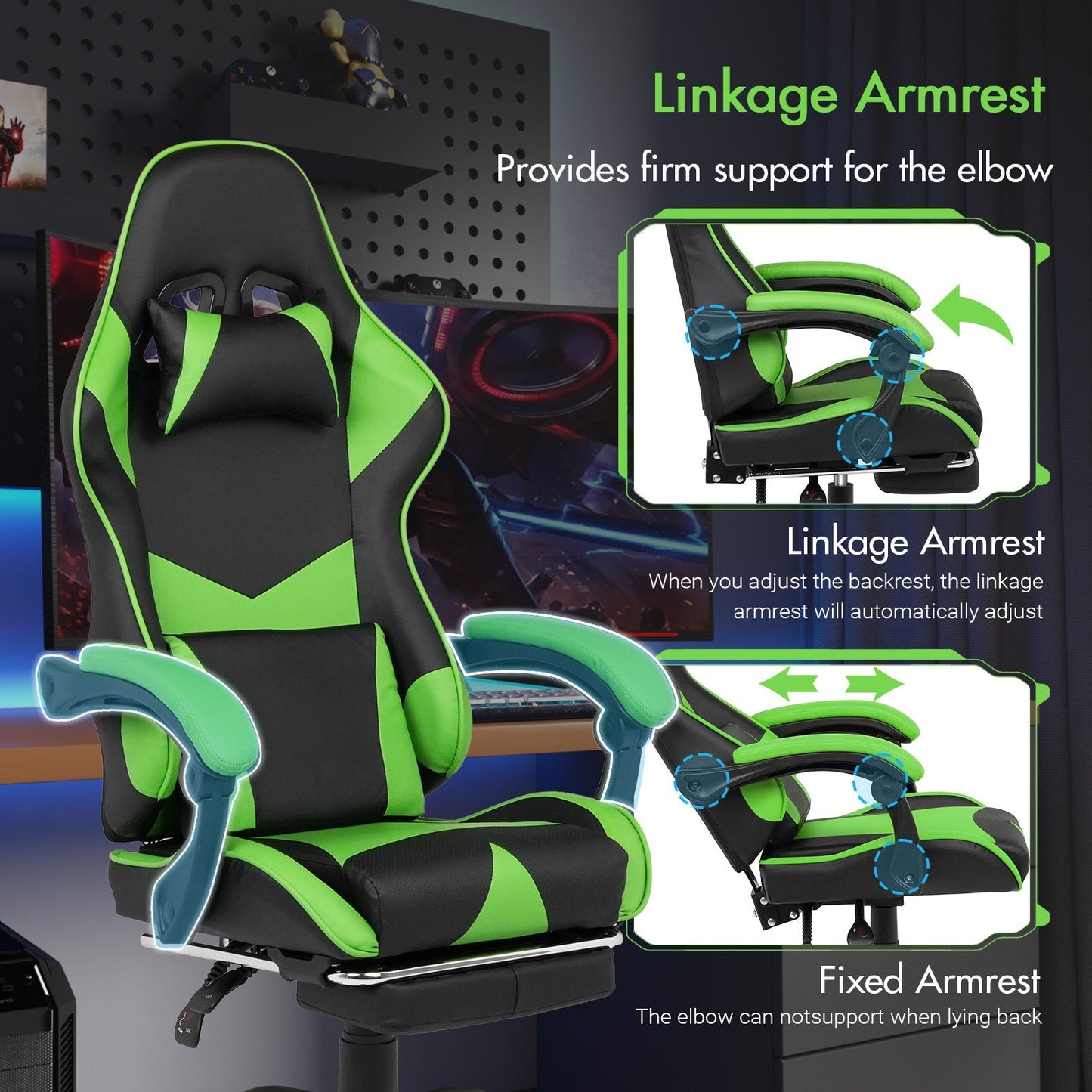 Gaming Stoel met Voetsteun en Verstelbare Rugleuning 135° – Ergonomische Bureaustoel PU Leer met Hoofd- en Lendenkussen | Restfield
