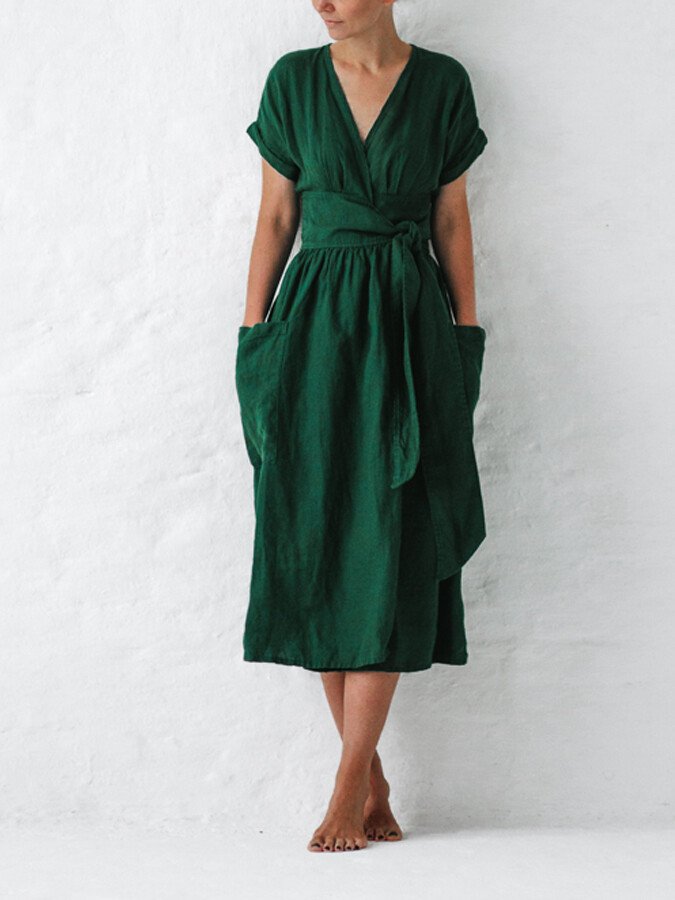 Elowiran - Linen Lace Up Dress