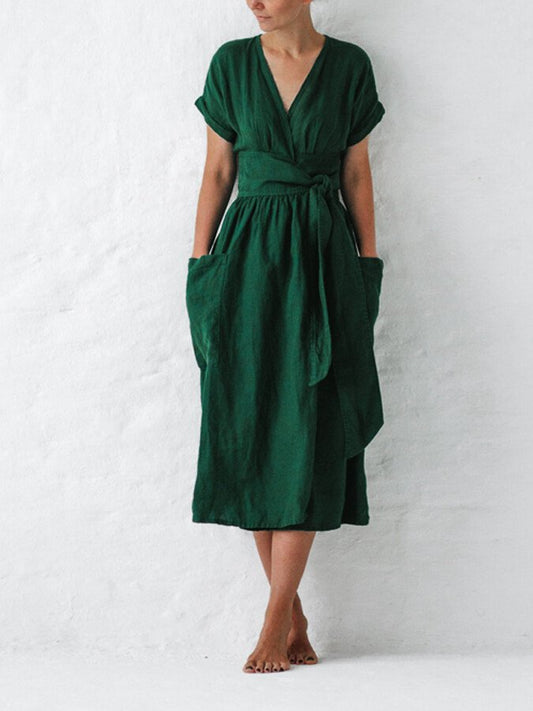 Elowiran - Linen Lace Up Dress