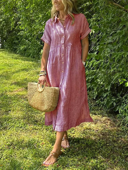 Robe Chemise Rayée Longue Coupe Fluide Avec Boutonnage Confort Quotidien