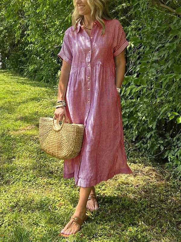 Klaudia | Sukienka koszulowa midi damska w paski z guzikami