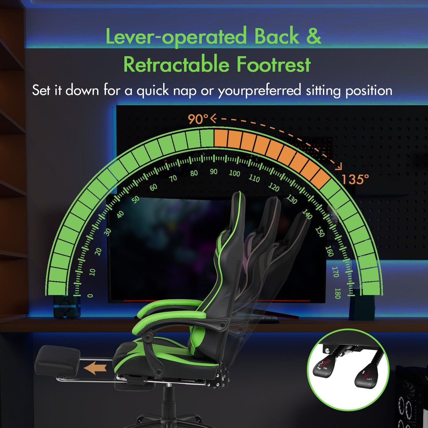 Gaming Stoel met Voetsteun en Verstelbare Rugleuning 135° – Ergonomische Bureaustoel PU Leer met Hoofd- en Lendenkussen | Restfield