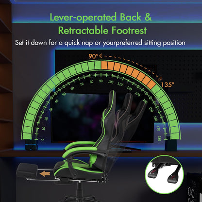 Gaming Stoel met Voetsteun en Verstelbare Rugleuning 135° – Ergonomische Bureaustoel PU Leer met Hoofd- en Lendenkussen | Restfield