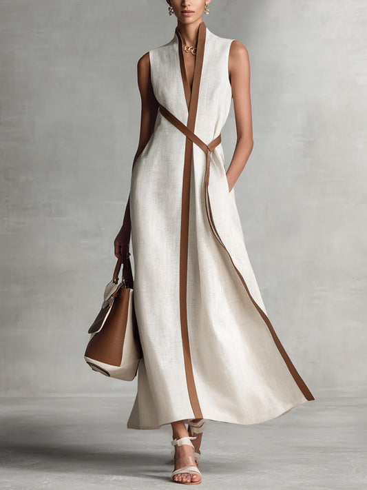 Damen Ärmelloses Baumwoll-Leinen Freizeitkleid mit Stehkragen