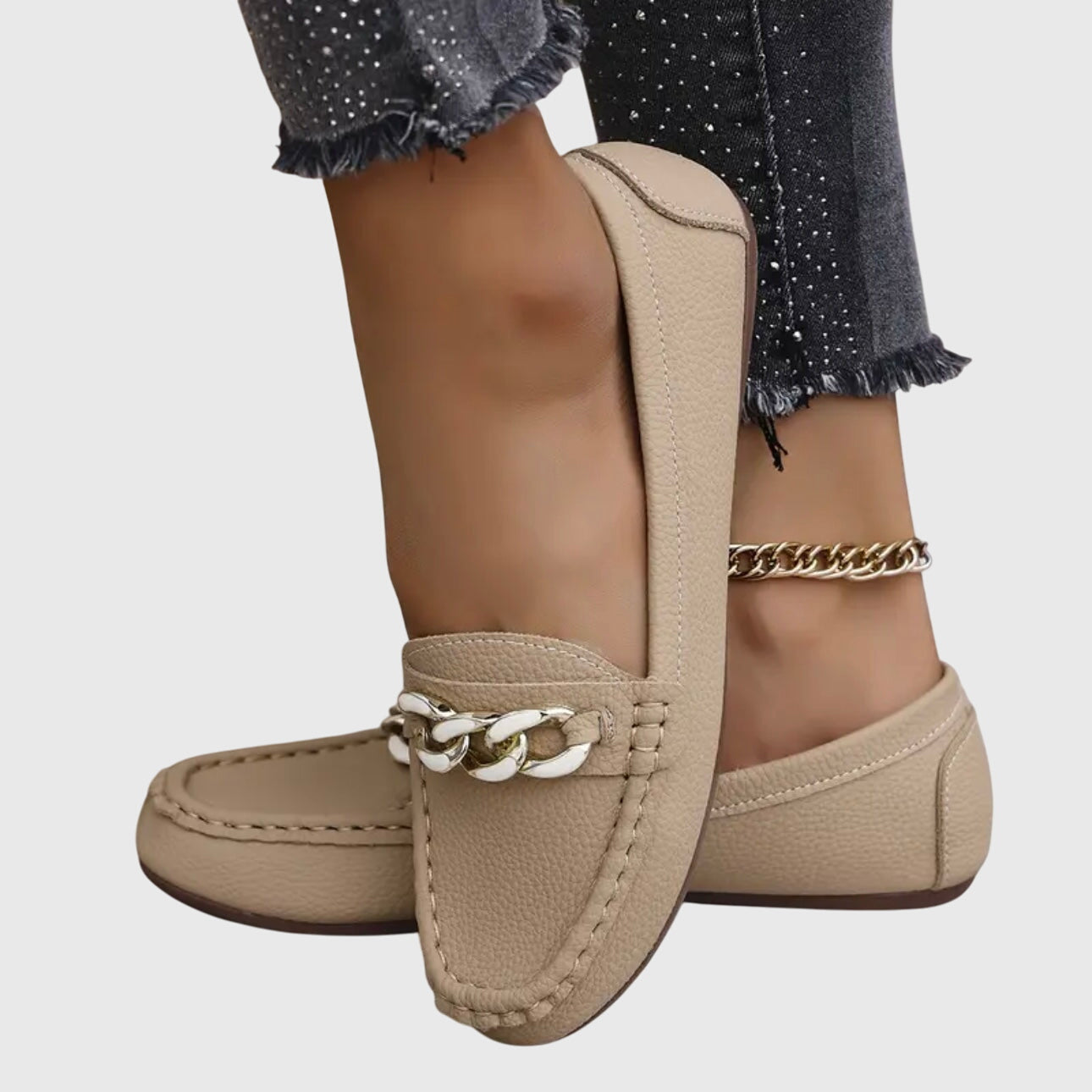 Women's Casual Slip-On Flat Loafers with Gold Chain Detail