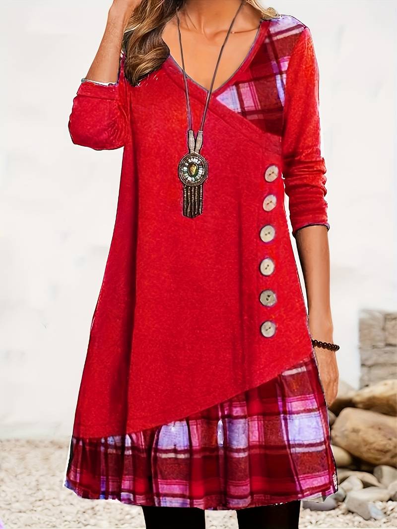 Alinor - Lässiges Kariertes Patchwork Kleid Mit Langen Ärmeln