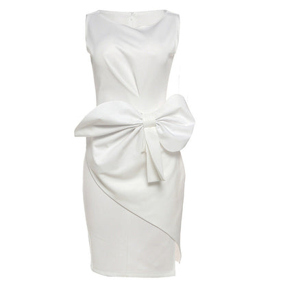 Women’s Solid-Color Bowknot Dress – Elegant Slim Sleeveless Casual & Office Party Outfit