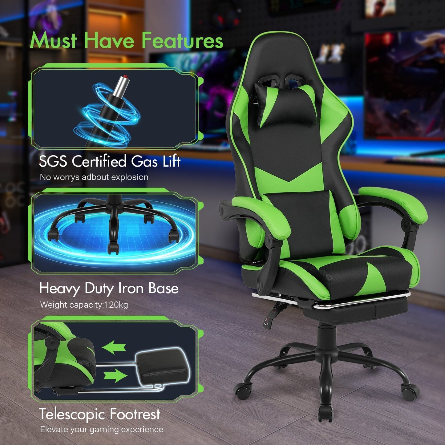 Gaming Stoel met Voetsteun en Verstelbare Rugleuning 135° – Ergonomische Bureaustoel PU Leer met Hoofd- en Lendenkussen | Restfield