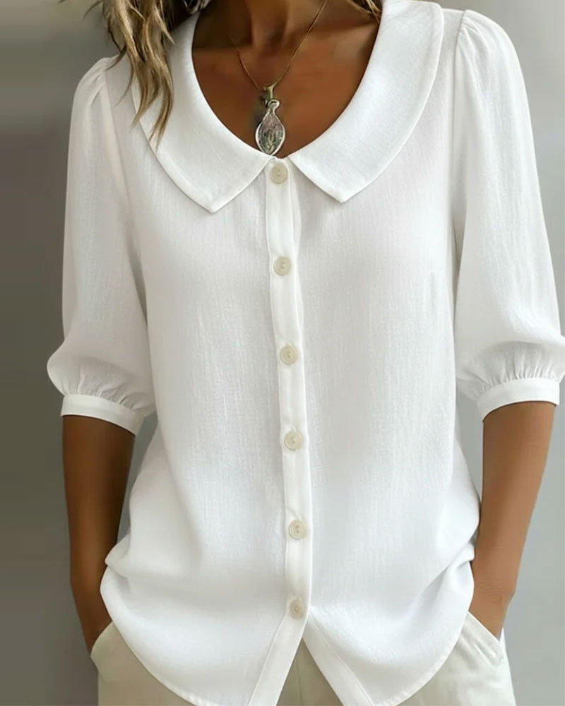Neslora™ - Chemise femme coton col Peter Pan manches mi-longues élégantes