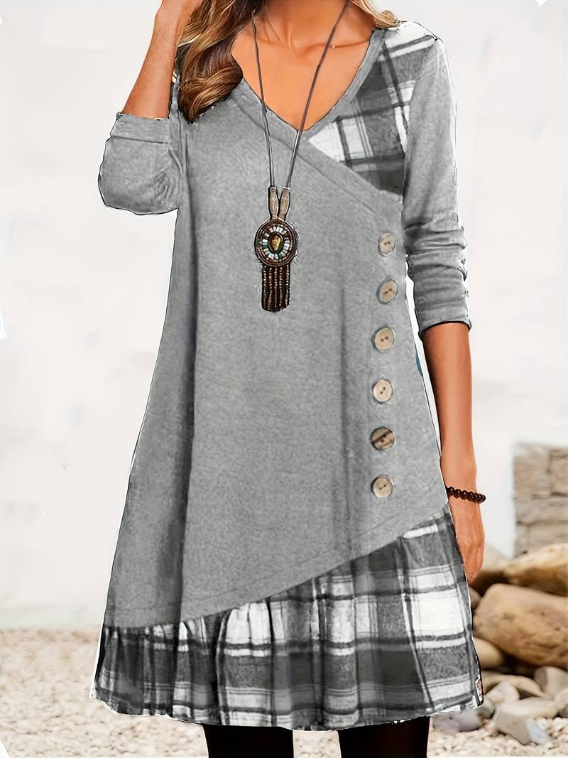 Alinor - Lässiges Kariertes Patchwork Kleid Mit Langen Ärmeln