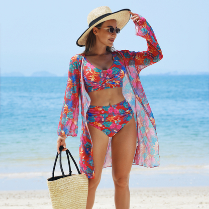 Ensemble Bikini Femme Trois Pièces Tissu Extensible Usage Balnéaire