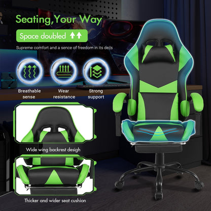 Gaming Stoel met Voetsteun en Verstelbare Rugleuning 135° – Ergonomische Bureaustoel PU Leer met Hoofd- en Lendenkussen | Restfield