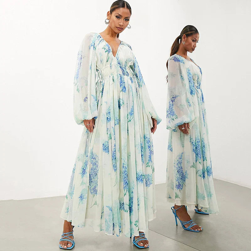Maxikleid mit Blumenmuster und Tunnelzug am Taillenbund