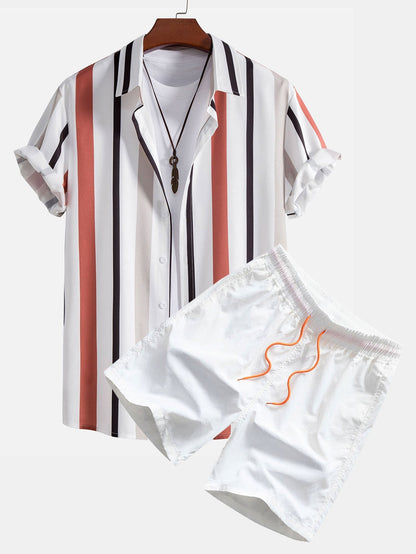 Stylish Striped Button-Up Shirt & Swim Shorts Set