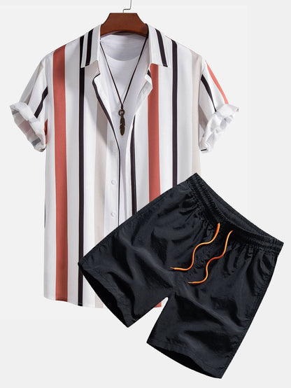 Stylish Striped Button-Up Shirt & Swim Shorts Set
