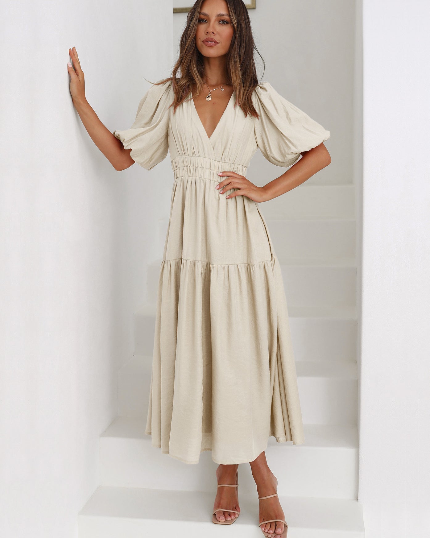Women's V-Neck Puff Sleeve Midi Dress with Smocked Waist