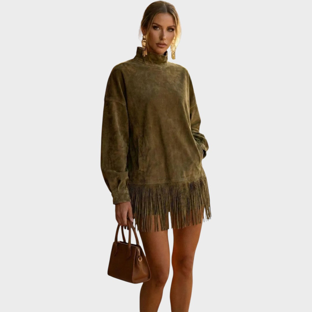Sheri | Rochie din piele intoarsă cu franjuri