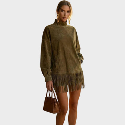 Sheri | Rochie din piele intoarsă cu franjuri