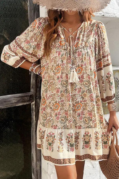 Bohemia Print  V Neck Casual Dress - TARHUS