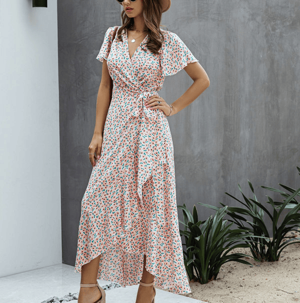 Thirza - Floral V-Neck Ruffle Wrap Dress