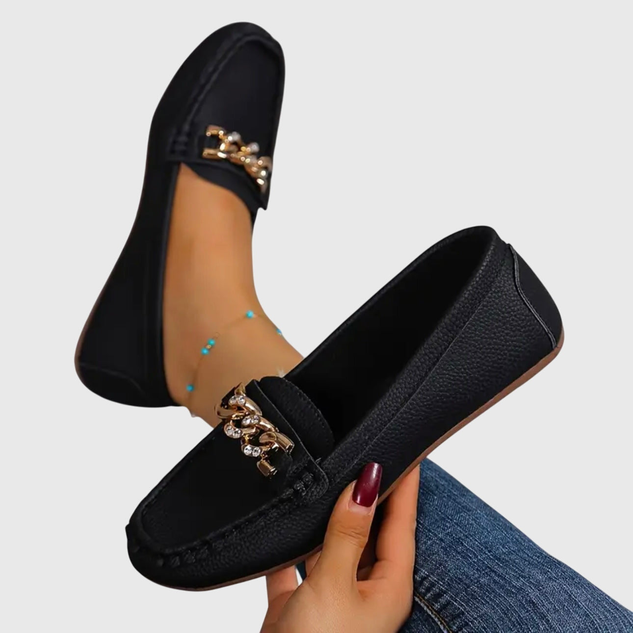Women's Casual Slip-On Flat Loafers with Gold Chain Detail