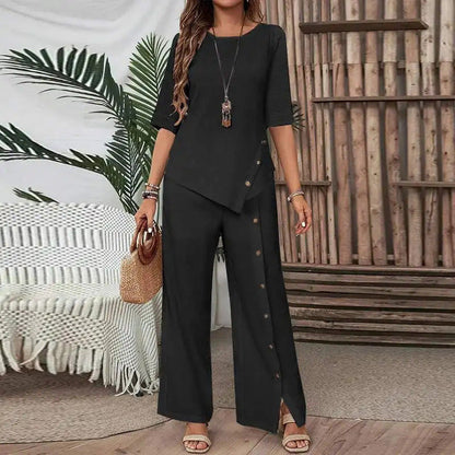 Caliora | Tweedelige set voor dames – Outfit met asymmetrische top en broek met wijde pijpen