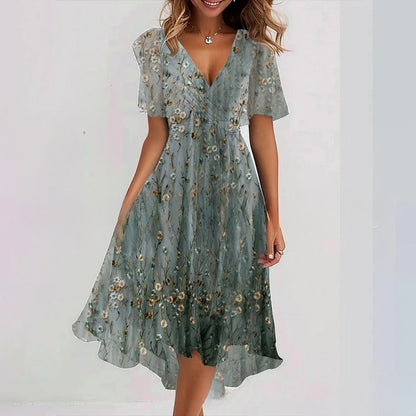 Robe Midi Femme Cache-Cœur à Fleurs – Style A-Line à Manches Courtes
