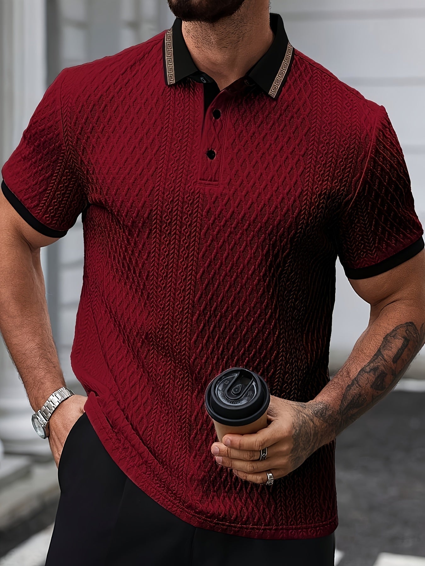 Men’s Textured Polo Shirt Short Sleeve Slim Fit Breathable Smart Casual Summer Top
