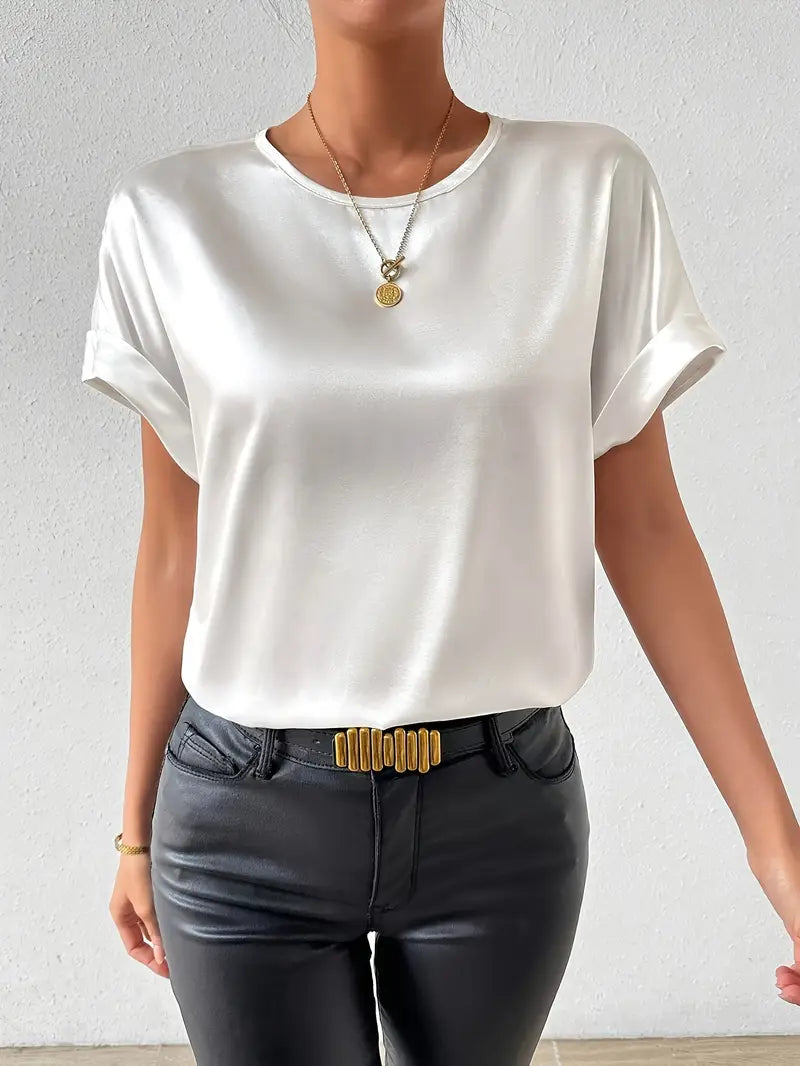 Valkirra - T shirt en satin à manches courtes roulées et encolure ronde