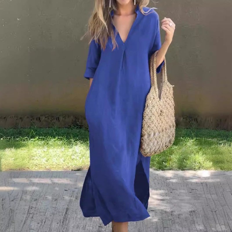 Ramune - Lässiges Leinen Kleid Mit V-Ausschnitt