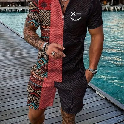 Xylaric | Casual tweedelige set voor heren – T-shirt met reverskraag en korte broek met trekkoord