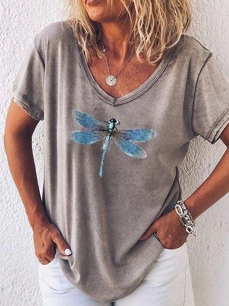 Women's Dragonfly Print V-Neck Short Sleeve Casual Tee