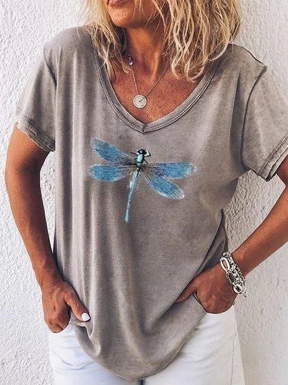 Women's Dragonfly Print V-Neck Short Sleeve Casual Tee
