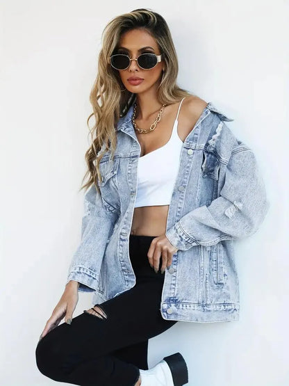 Giacca in denim oversize impermeabile e foderata da donna