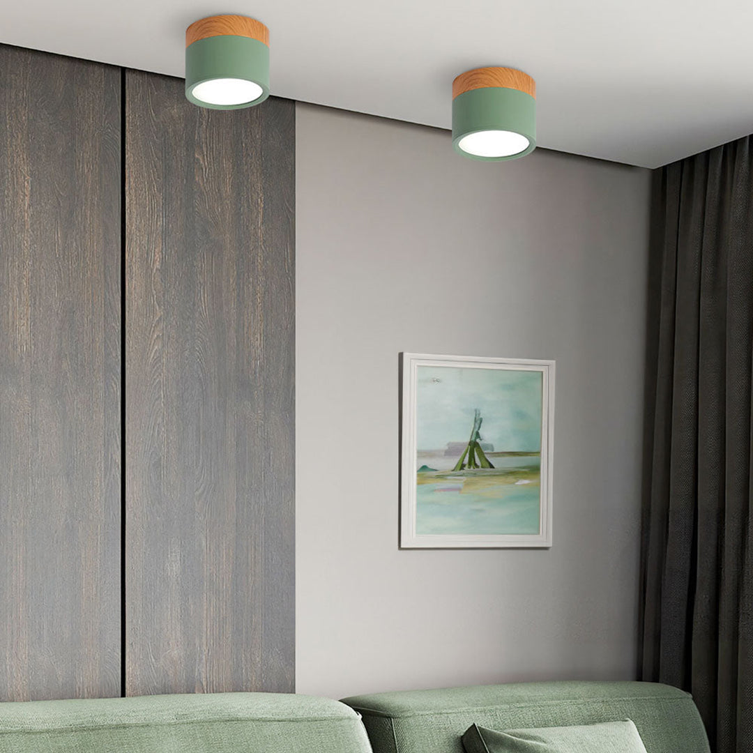 Wood And Metal Ceiling Lamp – Small Cylindrical Modern Accent Design