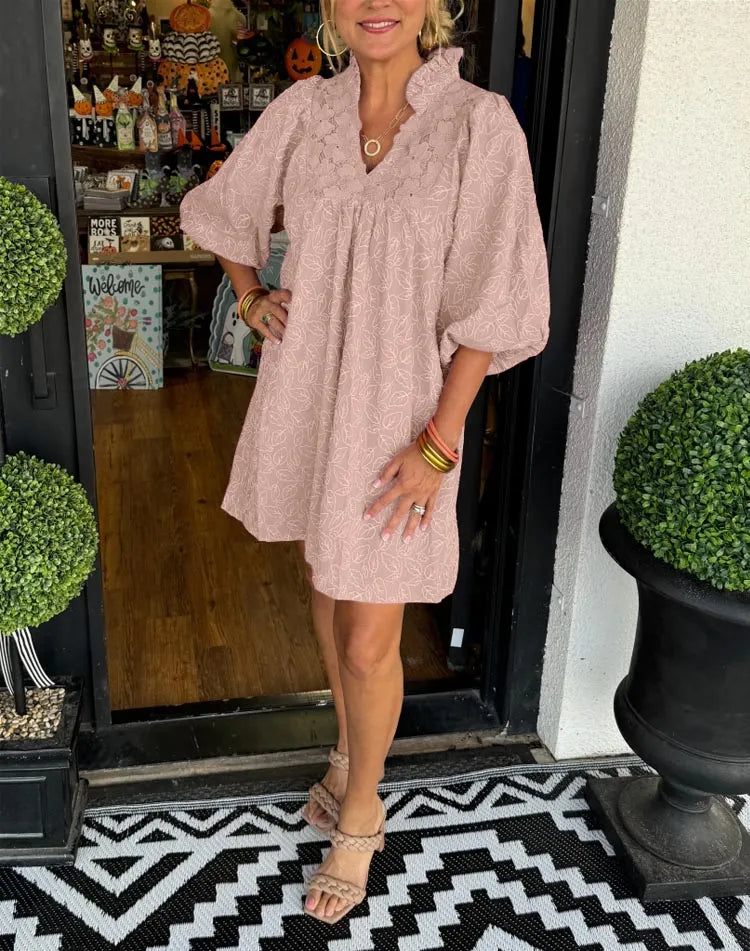 Robe Courte Femme Jacquard Col V Manches Bouffantes pour Style Élégant Chic
