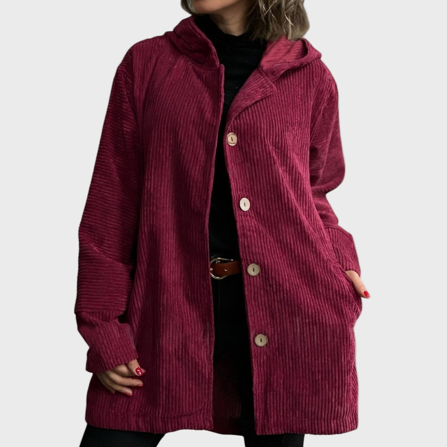 Adelgunde | Dames corduroy jas met capuchon – Casual herfst-winterjas met knopen aan de voorkant