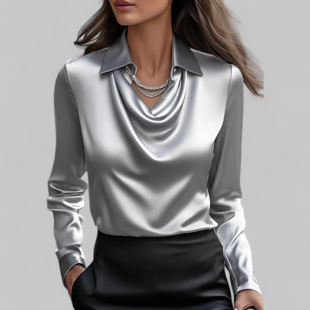 Rose | Women drapowany Neck z długim rękawem Satin Blouses