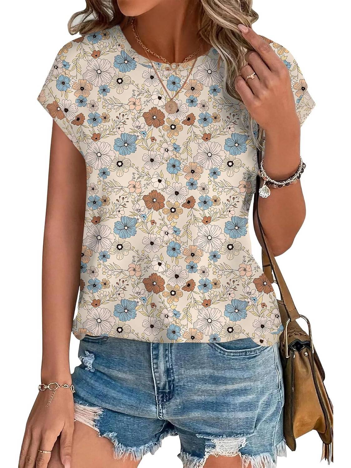 Women's Leaf Print Crew Neck Cap Sleeve Casual Top