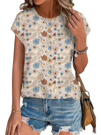 Women's Leaf Print Crew Neck Cap Sleeve Casual Top