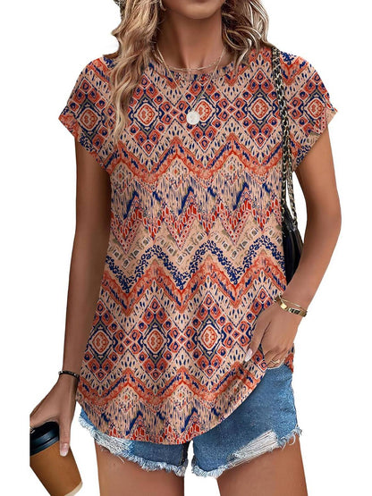 Women's Leaf Print Crew Neck Cap Sleeve Casual Top