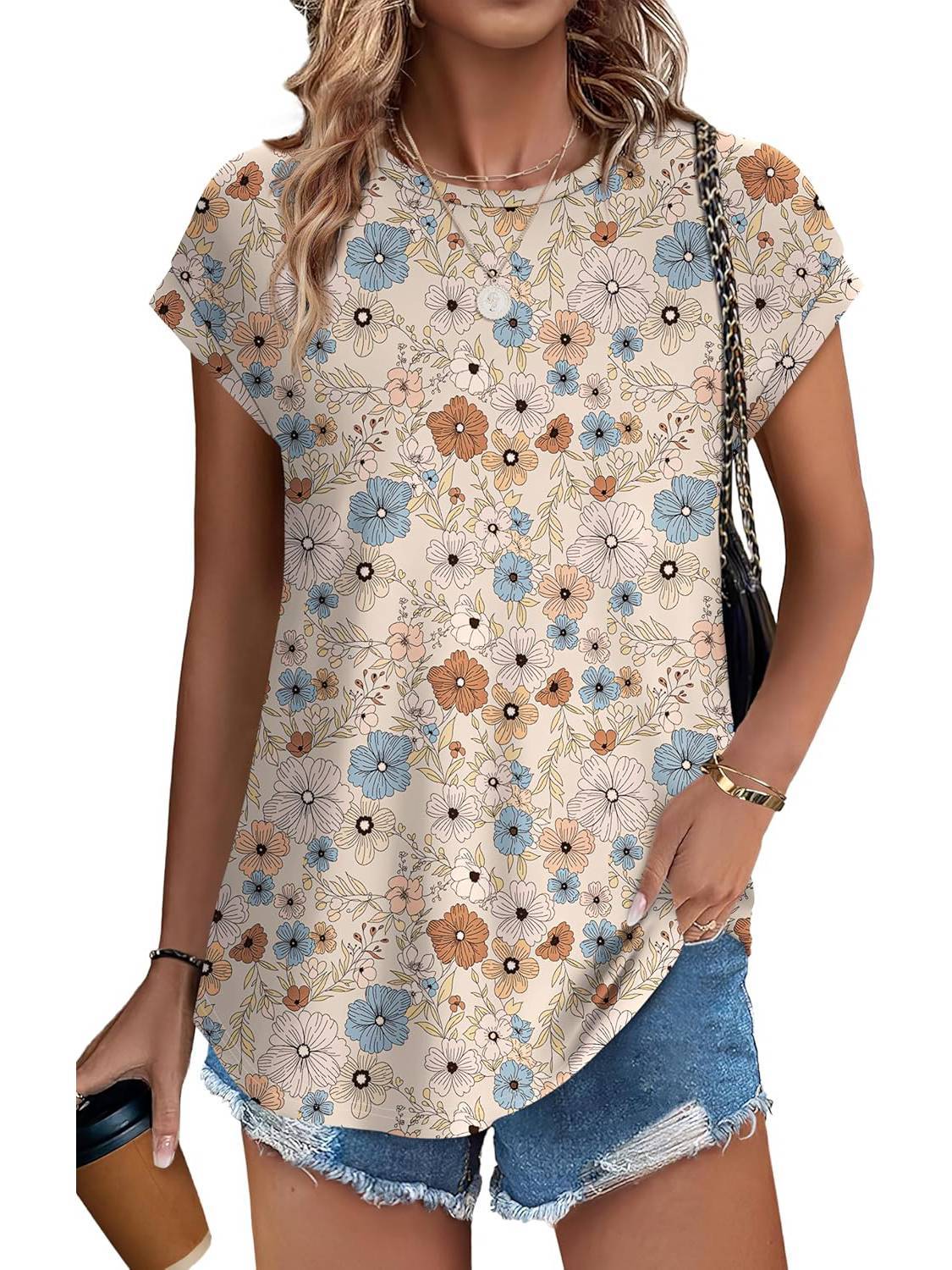 Women's Leaf Print Crew Neck Cap Sleeve Casual Top