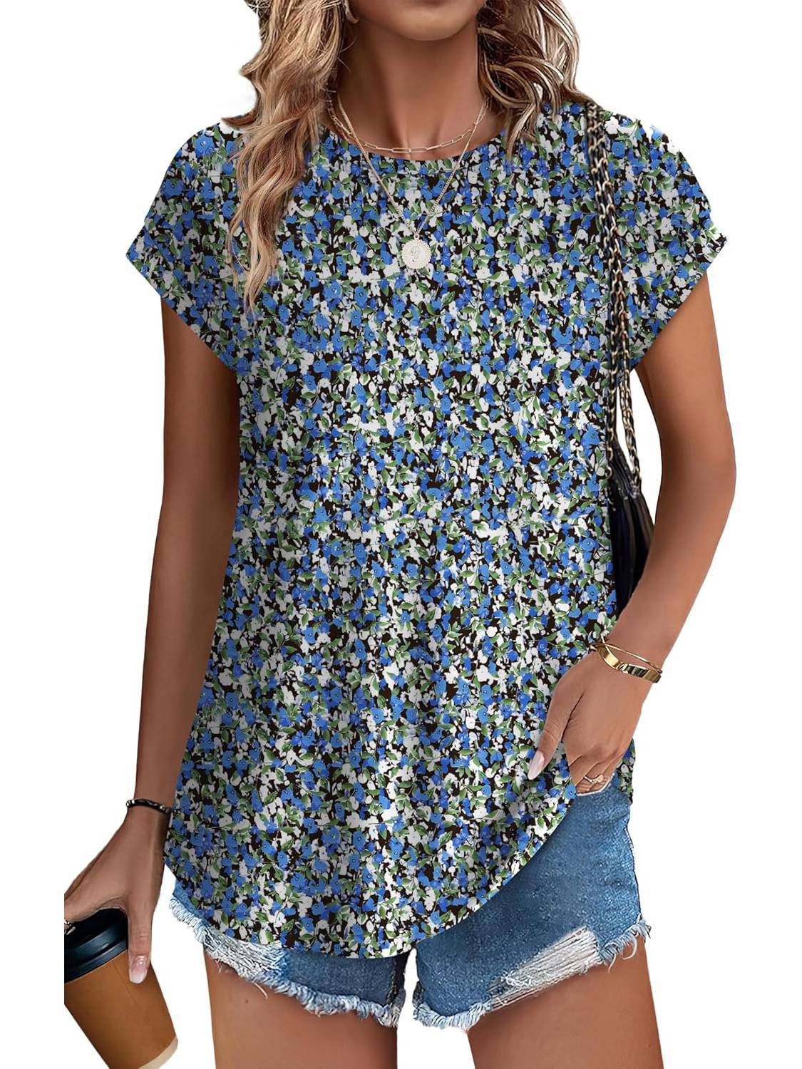 Women's Leaf Print Crew Neck Cap Sleeve Casual Top