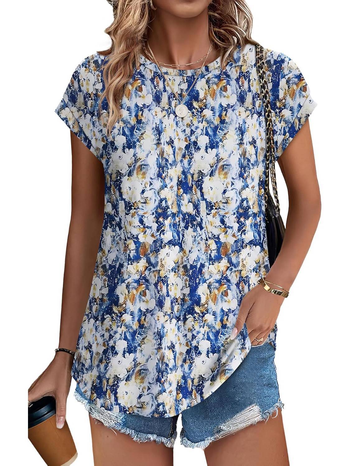 Women's Leaf Print Crew Neck Cap Sleeve Casual Top