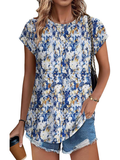 Women's Leaf Print Crew Neck Cap Sleeve Casual Top
