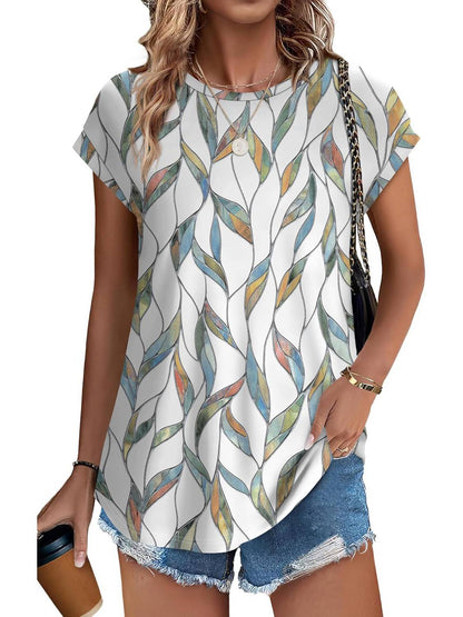 Women's Leaf Print Crew Neck Cap Sleeve Casual Top